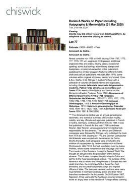 Books & Works on Paper Including Autographs & Memorabilia (31 Mar 2020) Lot 77