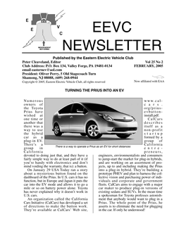 EEVC NEWSLETTER Published by the Eastern Electric Vehicle Club Peter Cleaveland, Editor Vol 25 No 2 Club Address: P.O