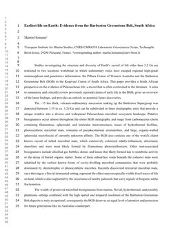 Earliest Life on Earth: Evidence from the Barberton Greenstone Belt