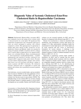 Diagnostic Value of Systemic Cholesteryl Ester/Free Cholesterol Ratio in Hepatocellular Carcinoma SABRINA KRAUTBAUER 1,2 , THOMAS S