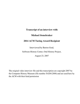 Transcript of an Interview with Michael Stonebraker 2014 ACM Turing Award Recipient