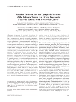 Vascular Invasion, but Not Lymphatic Invasion, of the Primary Tumor Is a Strong Prognostic Factor in Patients with Colorectal Cancer