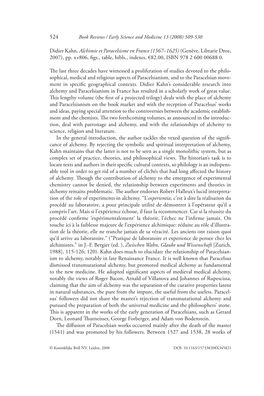 Didier Kahn, Alchimie Et Paracelsisme En France (1567–1625) (Genève, Librarie Droz, 2007), Pp