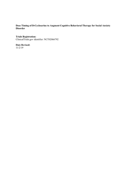 Dose Timing of D-Cycloserine to Augment Cognitive Behavioral Therapy for Social Anxiety Disorder