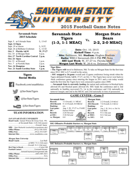 2015 Football Game Notes Savannah State Savannah State Morgan State 2015 Schedule Tigers Bears Sept