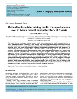 Critical Factors Determining Public Transport Access Level in Abuja Federal Capital Territory of Nigeria