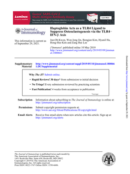 Haptoglobin Acts As a TLR4 Ligand to Suppress Osteoclastogenesis Via the TLR4− IFN-Β Axis