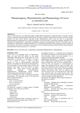 Pharmacognosy, Phytochemistry and Pharmacology of Cassia Occidentalis Linn