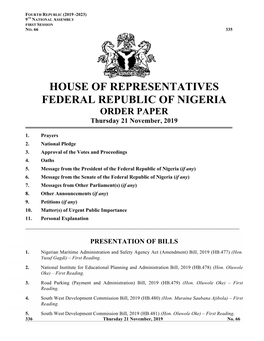 House of Representatives Order Paper, Thursday 21 November, 2019