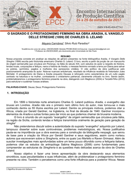 O Sagrado E O Protagonismo Feminino Na Obra Aradia, Il Vangelo Delle Streghe (1899) De Charles G