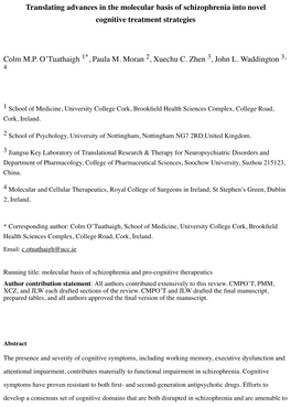 Translating Advances in the Molecular Basis of Schizophrenia Into Novel Cognitive Treatment Strategies