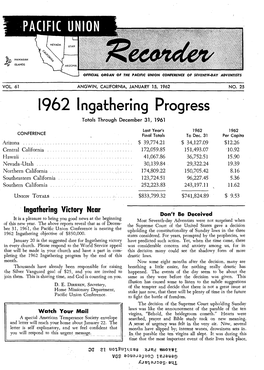 1962 Ingathering Progress Totals Through December 31, 1961