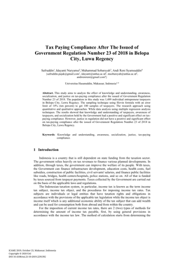 Tax Paying Compliance After the Issued of Government Regulation Number 23 of 2018 in Belopa City, Luwu Regency