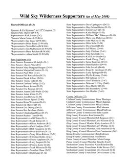 Wild Sky Wilderness Supporters (As of May 2008)