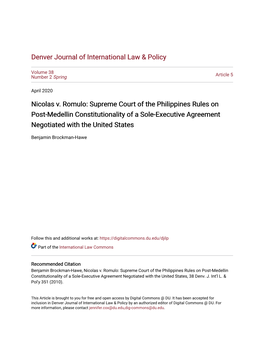 Nicolas V. Romulo: Supreme Court of the Philippines Rules on Post-Medellin Constitutionality of a Sole-Executive Agreement Negotiated with the United States