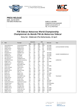 PRESS RELEASE FIM Sidecar Motocross World Championship Championnat Du Monde FIM De Motocross Sidecar