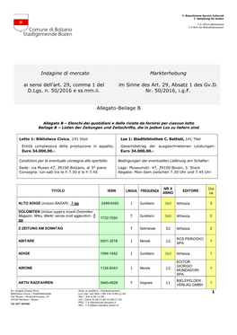 Allegato B – Elenchi Dei Quotidiani E Delle Riviste Da Fornirsi Per Ciascun Lotto Beilage B – Listen Der Zeitungen Und Zeitschrifte, Die in Jedem Los Zu Liefern Sind