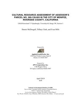 Cultural Resource Assessment of Assessor's Parcel No. 360-130-003 in the City of Menifee, Riverside County, California