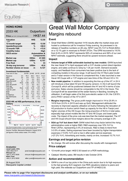 Great Wall Motor Company 2333 HK Outperform Margins Rebound Price (At 12:51, 26 Aug 2016 GMT) HK$7.44