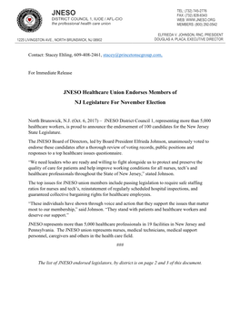 JNESO Healthcare Union Endorses Members of NJ Legislature for November Election