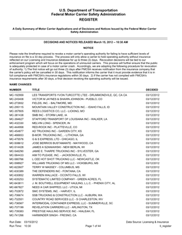 U.S. Department of Transportation Federal Motor Carrier Safety Administration REGISTER