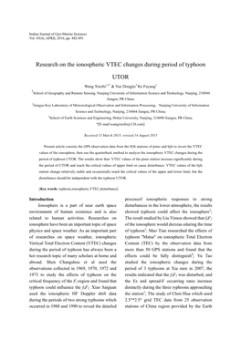 Research on the Ionospheric VTEC Changes During Period of Typhoon UTOR