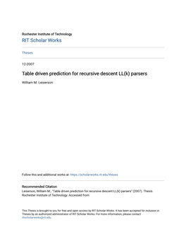 Table Driven Prediction for Recursive Descent LL(K) Parsers