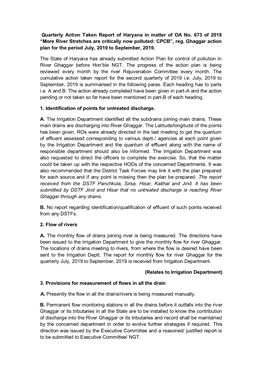 Quarterly Action Taken Report of Haryana in Matter of OA No. 673 of 2018 “More River Stretches Are Critically Now Polluted: CPCB”, Reg