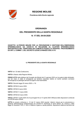 Ordinanza Del Presidente Della Giunta Regionale N. 17 Del 04-04-2020