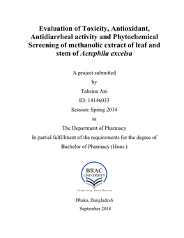 Evaluation of Toxicity, Antioxidant, Antidiarrheal Activity and Phytochemical Screening of Methanolic Extract of Leaf and Stem of Actephila Excelsa