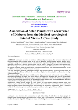 Association of Solar Planets with Occurrence of Diabetes from the Medical Astrological Point of View - a Case Study