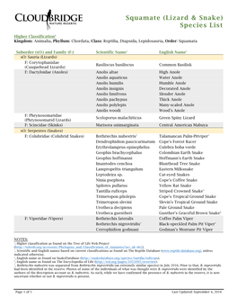 Squamate (Lizard & Snake) Species List