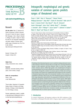 Intraspecific Morphological and Genetic Variation of Common Species Predicts Ranges of Threatened Ones Rspb.Royalsocietypublishing.Org Trevon L