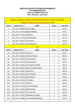 First Allotment Rank List (Open Quota)