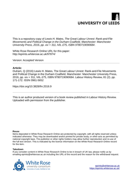 Lewis H. Mates, the Great Labour Unrest: Rank-And-File Movements and Political Change in the Durham Coalfield, Manchester: Manchester University Press, 2016, Pp