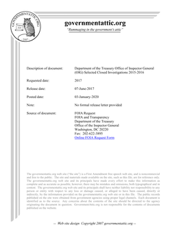 Department of the Treasury Office of Inspector General (OIG) Selected Closed Investigations 2015-2016