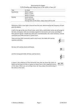 F(2S) Reading and Singing Notes of the Treble Or Bass Clef © Rebecca