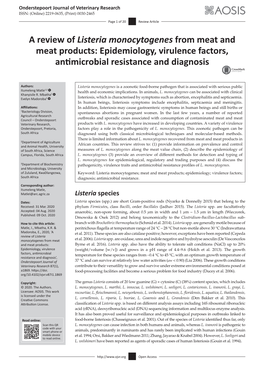 A Review of Listeria Monocytogenes from Meat and Meat Products: Epidemiology, Virulence Factors, Antimicrobial Resistance and Diagnosis