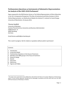 Parliamentary Questions As Instruments of Substantive Representation: an Analysis of the 2005-2010 Parliament1