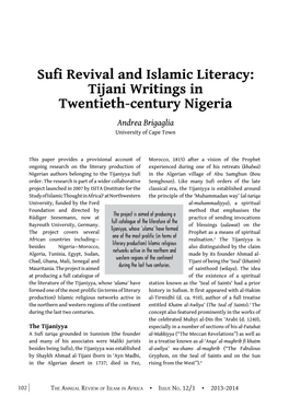 Sufi Revival and Islamic Literacy: Tijani Writings in Twentieth-Century Nigeria Andrea Brigaglia University of Cape Town
