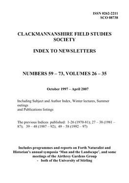 Clackmannanshire Field Studies Society Index to Newsletters Numbers 59