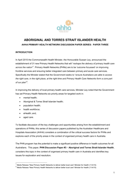 Aboriginal and Torres Strait Islander Health Ahha Primary Health Network Discussion Paper Series: Paper Three