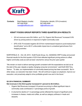 Kraft Foods Group Reports Third Quarter 2014 Results