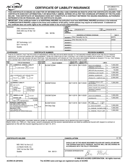 Certificate of Liability Insurance 05/28/2019 This Certificate Is Issued As a Matter of Information Only and Confers No Rights Upon the Certificate Holder