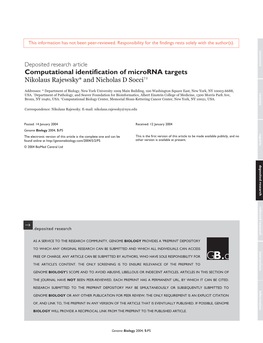 Computational Identification of Microrna Targets Nikolaus Rajewsky* and Nicholas D Socci†‡