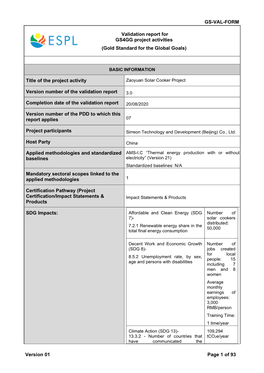 GS-VAL-FORM Version 01 Page 1 of 93 Validation Report for GS4GG Project Activities (Gold Standard for the Global Goals) Title O