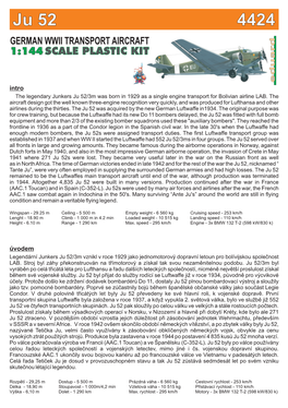 Ju 52 4424 GERMAN WWII TRANSPORT AIRCRAFT 1:144 SCALE PLASTIC KIT