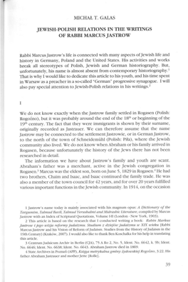 Jewish-Polish Relations in the Writings of Rabbi Marcus Jastrow