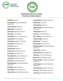 2019 Certificate Recipients