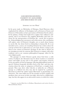 God Beyond Knowing: Clement of Alexandria and Discourse on God